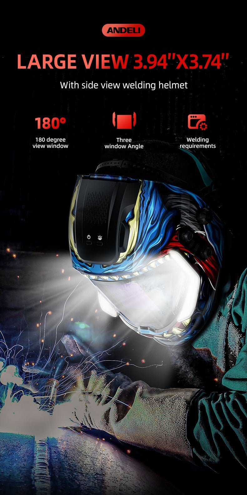 ANDELI Auto Darkening Welding Helmet Panoramic 180° View True Color 4 Arc Sensor Welding Mask for MIG MAG MMA Welder Machine