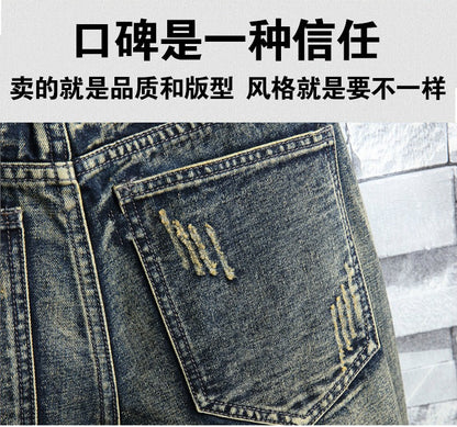 High Quality Men's Summer Holes Denim Shorts Jeans Men Straight Retro Shorts Jeans Men Knee Length Cowboy Jeans Shorts Size 40