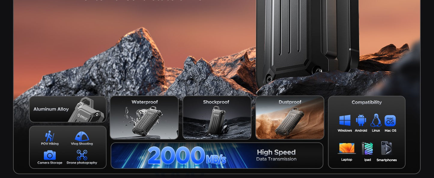 ORICO Portable SSD Up to 2000 MB/s USB 3.2 Gen 2 x 2 External Solid State Drive Water and Dust Resistance for Outdoors Zinc Allo