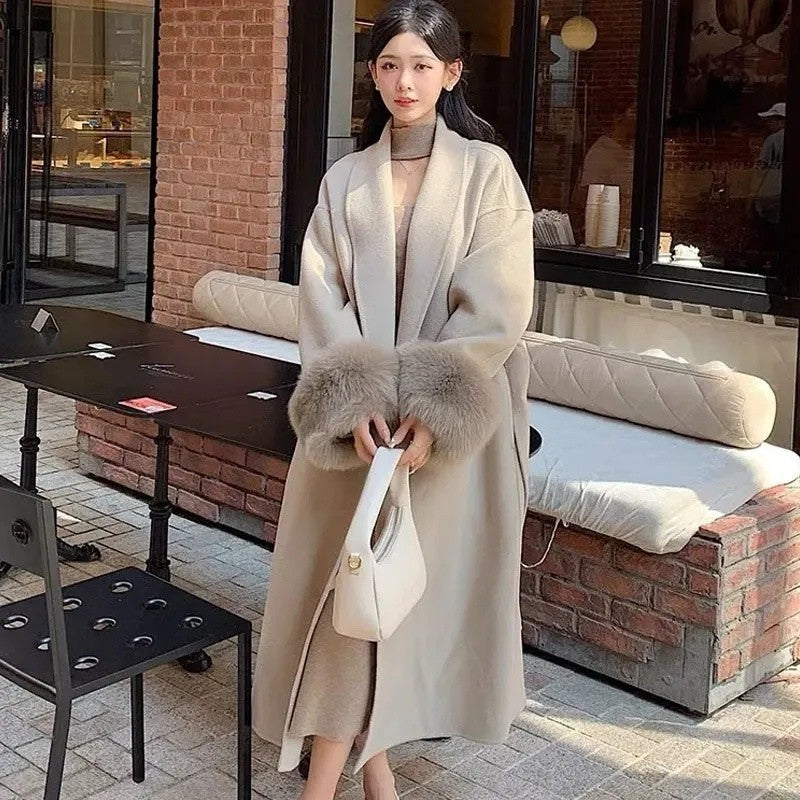 Korean Style Temperament Fur Collar Fashion Women's Coat Medium To Long Simple Casual Woolen Coat Slimming Versatile Woolen Coat