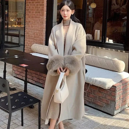 Korean Style Temperament Fur Collar Fashion Women's Coat Medium To Long Simple Casual Woolen Coat Slimming Versatile Woolen Coat