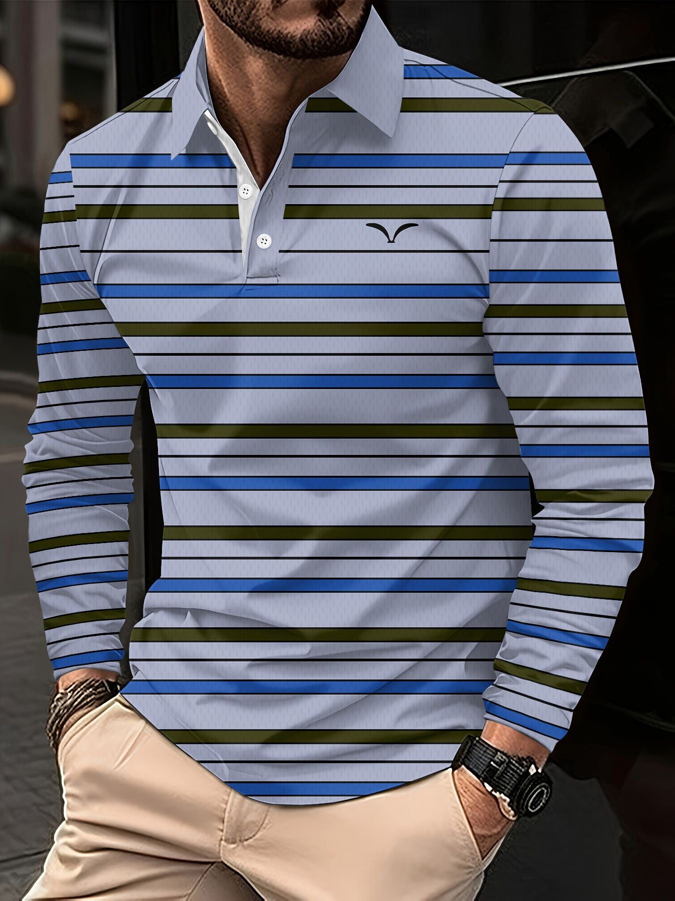 Men's Striped Long Sleeved T-shirt Polo Shirt Button Up Men's Stand Up Collar, Winter Double-sided German Velvet Base Shirt