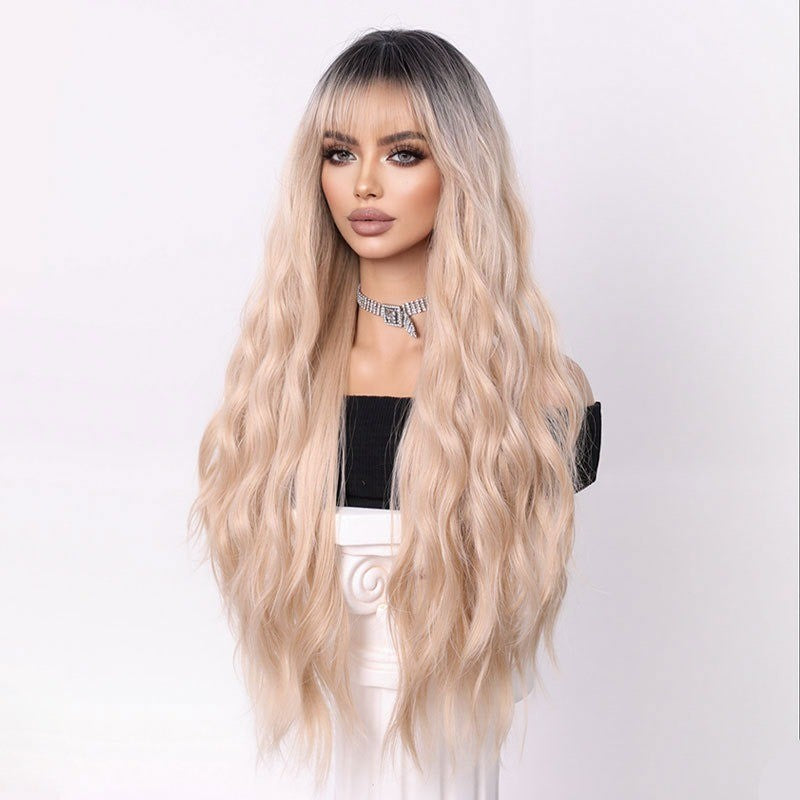 Peruca Ondulada Front Lace com Franja Cabelo Cacheado Longo Para Mulheres Cosplay Perucas Sintéticas Resistentes Linha Capilar Natural Frontal Perucas Sem Cola