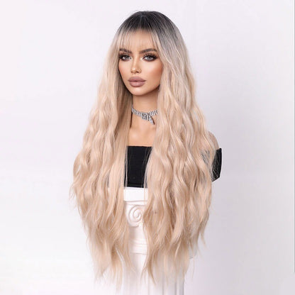 Peruca Ondulada Front Lace com Franja Cabelo Cacheado Longo Para Mulheres Cosplay Perucas Sintéticas Resistentes Linha Capilar Natural Frontal Perucas Sem Cola