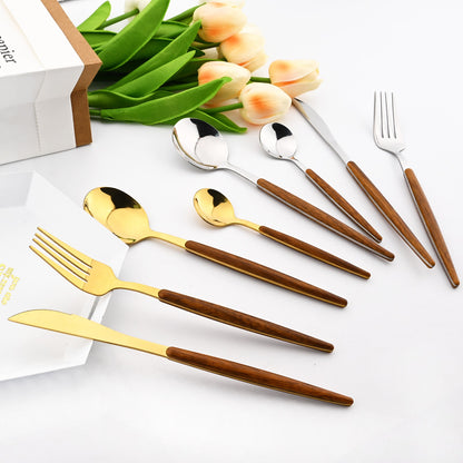 Drmfiy 24 Peças Talheres Marrons Prateados de Aço Inoxidável Imitação Cabo de Madeira Prateado Faca Colher Garfo Conjunto de Talheres Utensílios de Mesa