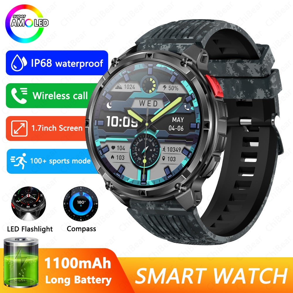 Relógio Inteligente Militar para Homens, Bateria de 1100mAh, Bússola, Monitor de Fitness, Tela AMOLED HD, Chamada BT, Smartwatch para Android IOS