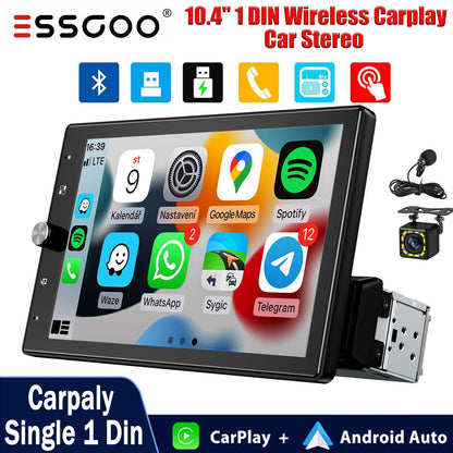 ESSGOO 10,4" Tela de Toque Rotativa IPS 1 Din Rádio Estéreo Multimídia Automotivo Sem Fio Apple CarPlay e Android Auto SWC FM