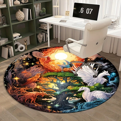 Fantasy Tree Phoenix Unicorn Mythical Creatures Round Rug Soft Crystal Velvet Floor Mat Magic ArtDesignHomeDecorLivingRoomCarpet