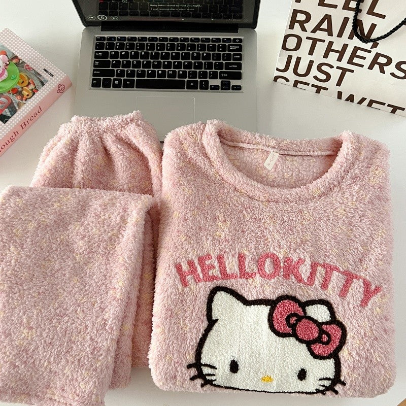 Thickened Warm Women‘s Sleepwear Cartoon HelloKitty Women's Pajamas Set Winter New Cute Fashion Two Sets Nightwear Loungewear