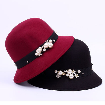 Elegant Women Pearl Ribbon Fedora Hat Autumn Winter Warm  Imitation Woolen Bowler Cap Solid Color Felt Hats