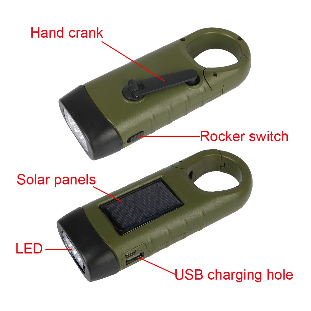 New upgrade 3LED Portable Outdoor Hand Crank Solar Powered Flashlight For Fishing Hiking With Folding Buckle Emergency Lamp