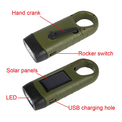 New upgrade 3LED Portable Outdoor Hand Crank Solar Powered Flashlight For Fishing Hiking With Folding Buckle Emergency Lamp