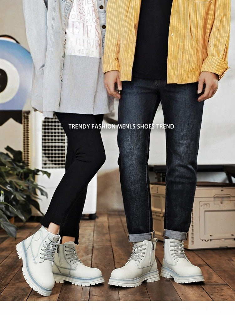 New winter men's shoes rain boots motorcycle leather shoes plush warm outdoor leisure high-top lace-up women's boots