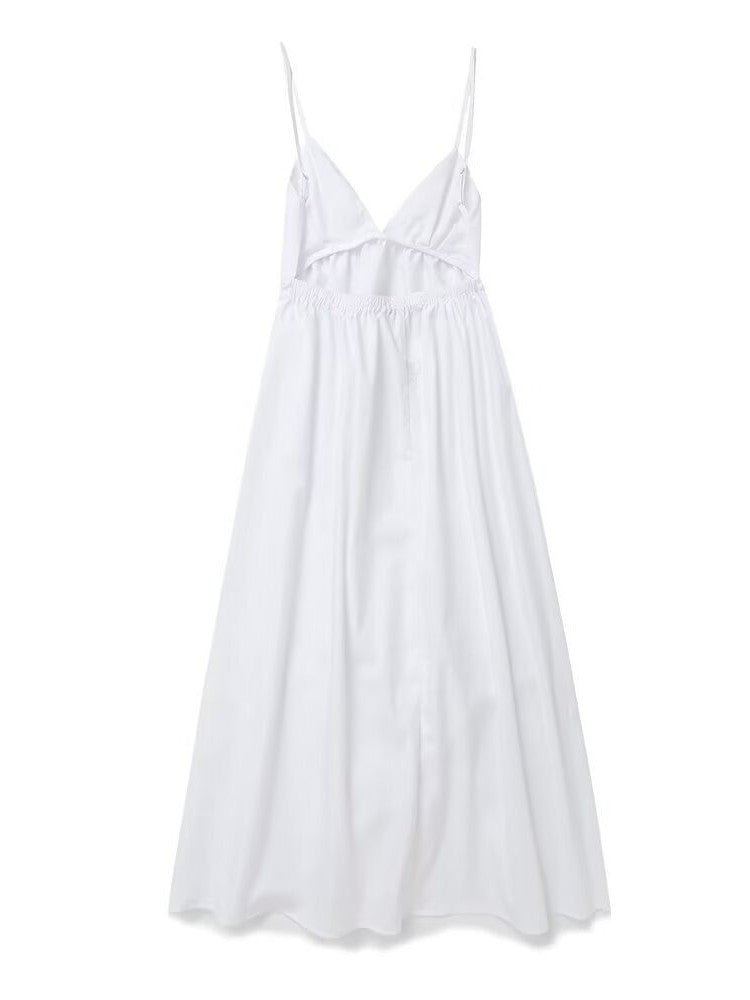 ZBZA Women's Backless Midi Dress Waistband V Neck Solid Pullover High Waisted Lo