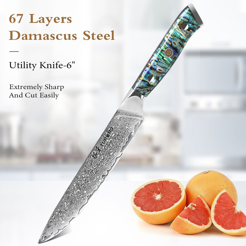 Faca de Cozinha TURWHO Japonesa de Aço Damasco de 67 Camadas com Cabo de Abalone Afiada Faca Santoku para Pão Bife Faca de Chef Ferramentas de Corte para Cozinha