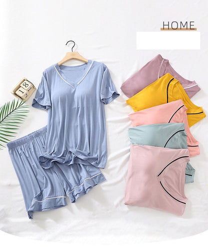Sexy Nightwear Women Short Sleeves and Shorts with Chest Pads Pajamas Two-Piece Set of Comfortable Solid-Coloured Student Home W