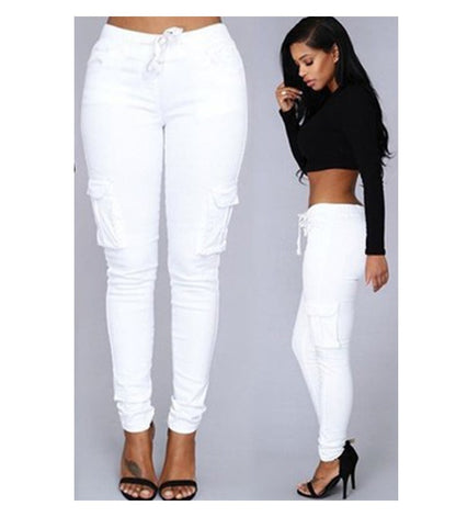 Women Slim Fit Pencil Pants Multi Pocket Drawstring Tie Waist Casual Trousers with Belt