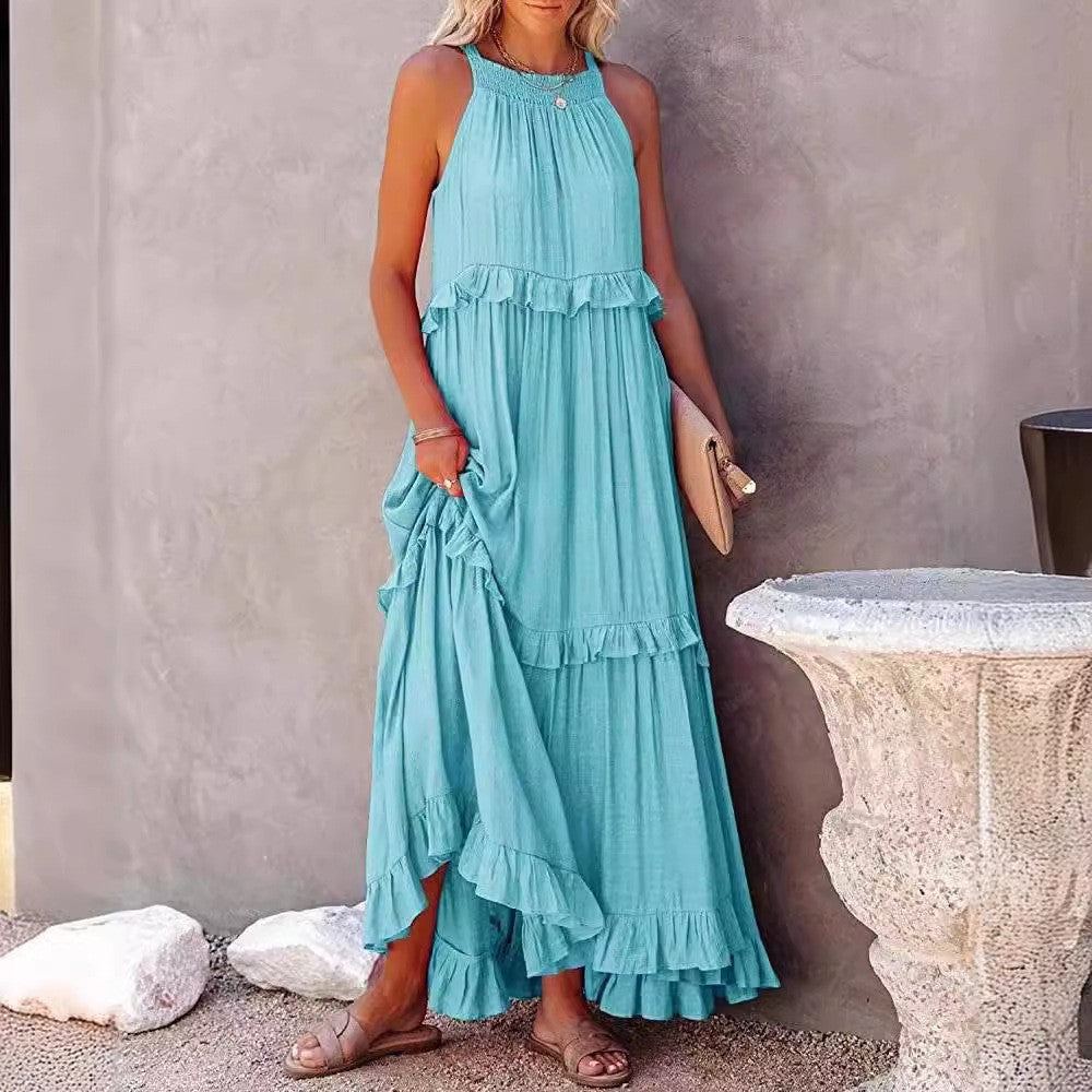 Elegant Women's Apricot Ruffle Edge Long Mop Floor Dresses Summer Fashion Hangin