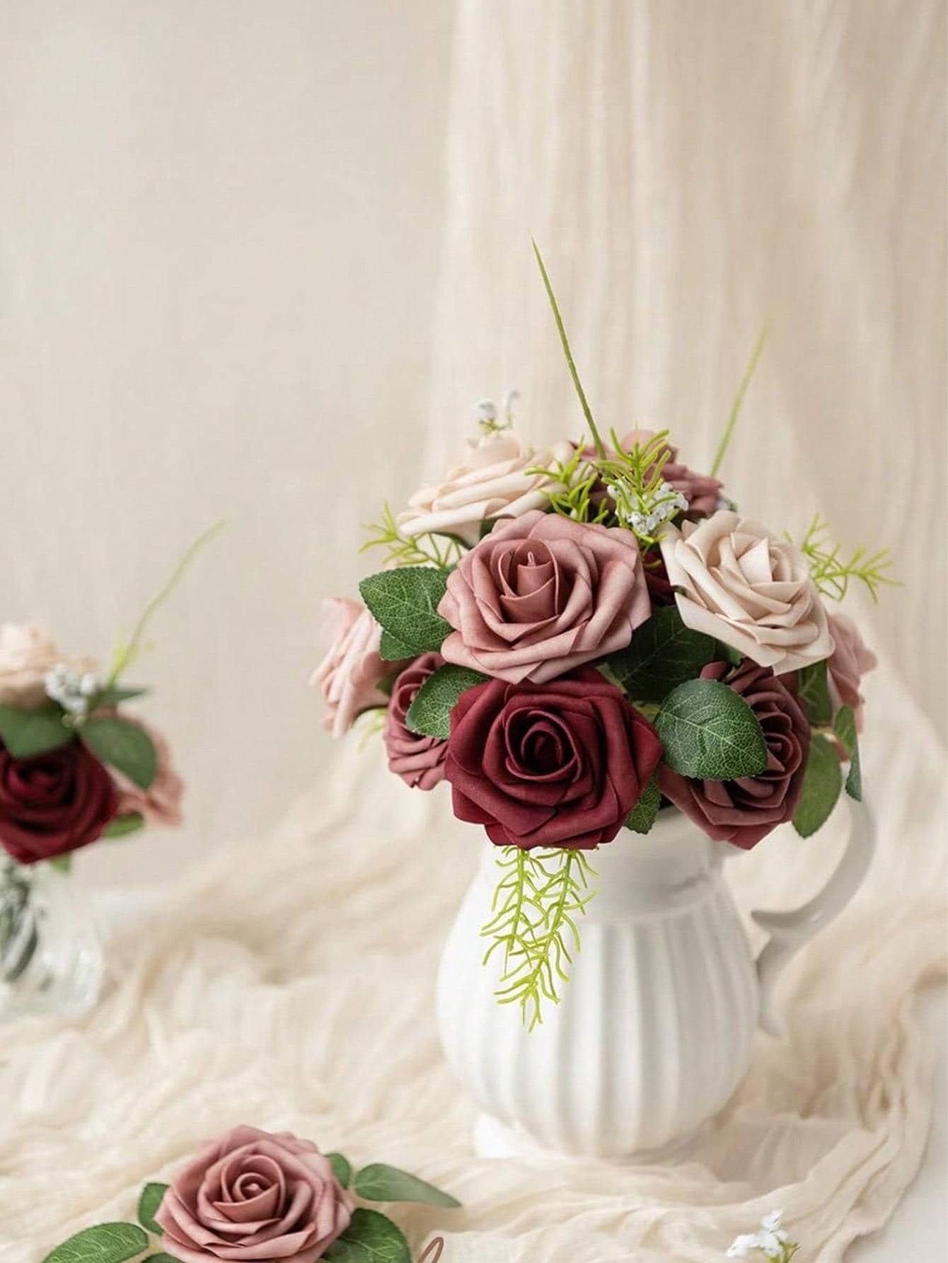 25pcs Artificial Roses, Green Gradient Artificial Rose Set - DIY Wedding Bouquet, Suitable For Wedding, Cake, Party Decoration