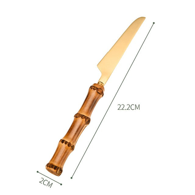 Conjunto de Talheres de Bambu 1 peça/4 peças Aço Inoxidável Dourado Faca Garfo Colher Louça Talheres Seguros para Lava-louças Conjunto de Talheres