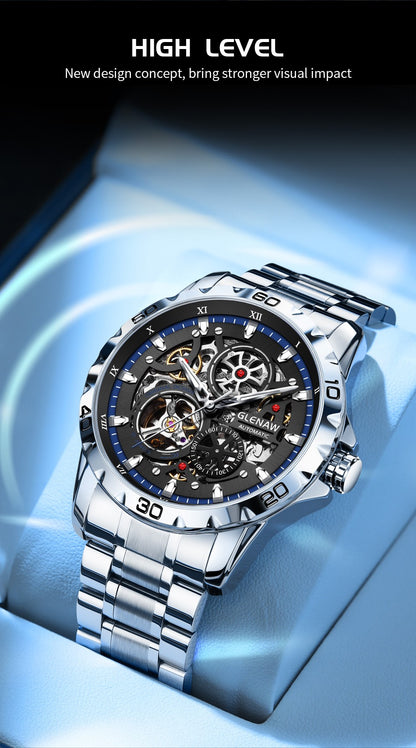 GLENAW Steampunk Skeleton Men's Watch Ring Luxury Automatic Mechanical Watches Luminous waterproof Stainless Steel Strap Watch