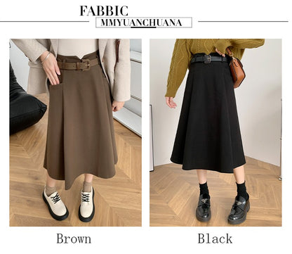 Plus Size Woolen Skirt Women 2024 Autumn Winter New Arrivals High Waist A Line Skirt With Belt Korean Fashon Skirts Womens