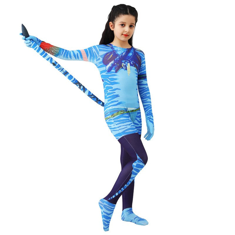 Girls Avatar 2 Neytiri Costume Tail Suit Boys Jake Sully Cosplay Zentai Bodysuit Jumpsuit Kids Halloween Birthday Party Costume
