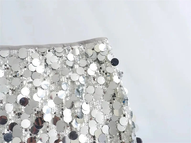 Silver Sequin Skirt Woman High Waist Mini Skirt Woman Fashion Shiny Glitter Eleg