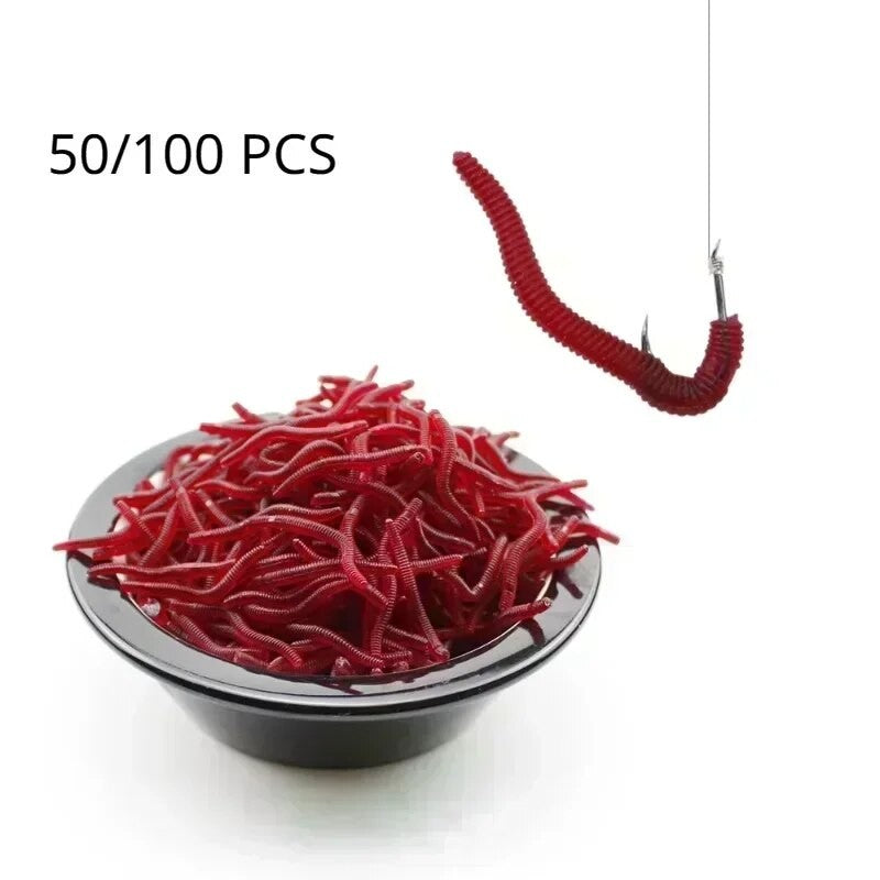 50/100 PÇS Isca Macia Robalo Dourada Minhoca de Sangue Pesca Minhoca de Borracha Vermelha Iscas Cheiro de Peixe Realista Equipamento
