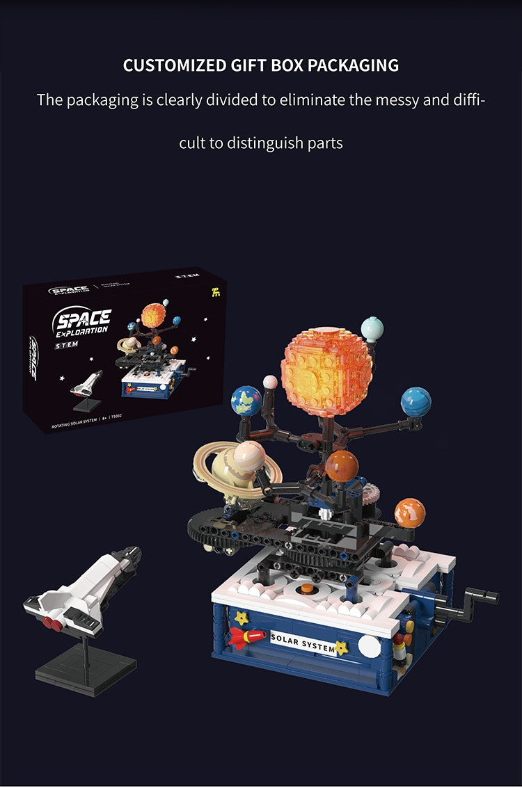 Modelo de sistema solar elétrico Blocos de montar Exploração espacial Equipamento de aprendizado Brinquedo montável rotativo presente para criança estudante