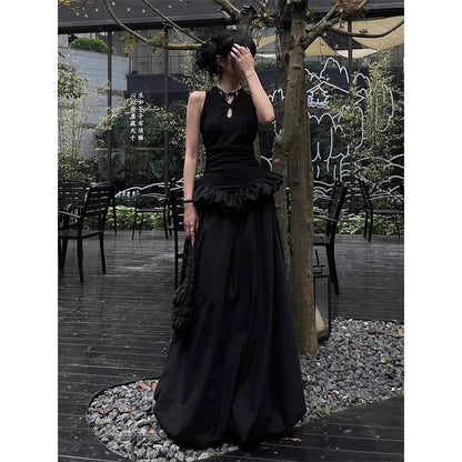 MEXZT Vintage Black Long Dress Women Party Prom Ruffles Sleeveless Maxi Dresses