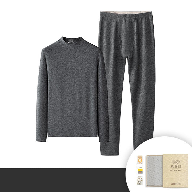 6760 Autumn Winter Keep Warm Slim Underwear Tops Pants For Men Good Quality Mulberry Silk Fleece Thicken Simple Male Sets Gift