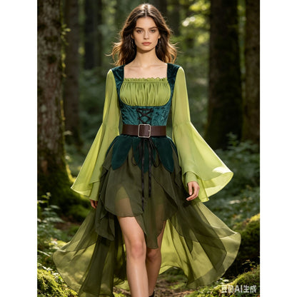 Women's Elf Medieval Green Fairy Dress Magical Elf Dress and Belt with Wings Halloween Cosplay Costumes Elf Cosplay costume