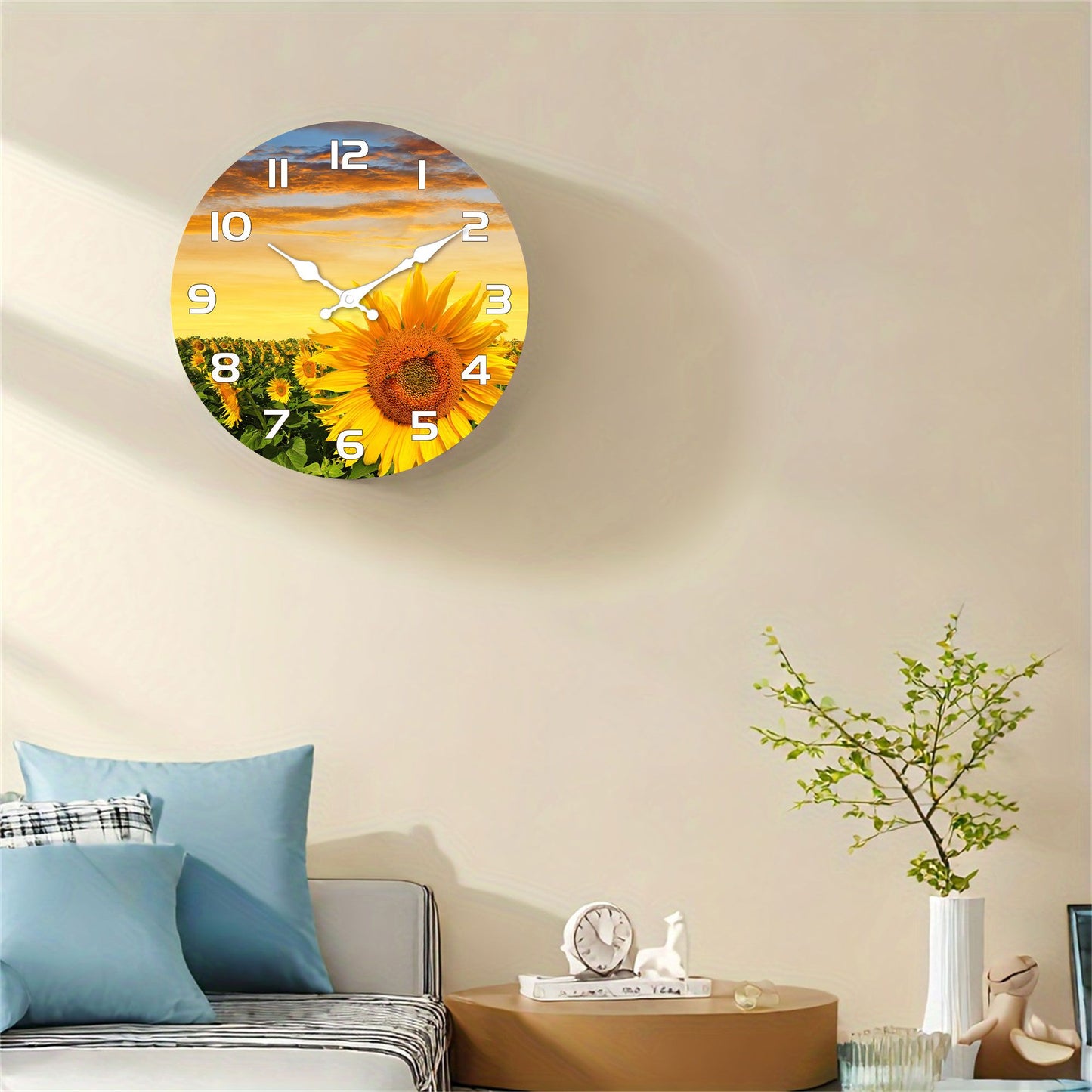 1pc wooden wall clock, Sunflower Garden design wall clock at sunset, round silent clock, for living room bedroom, room decoratio