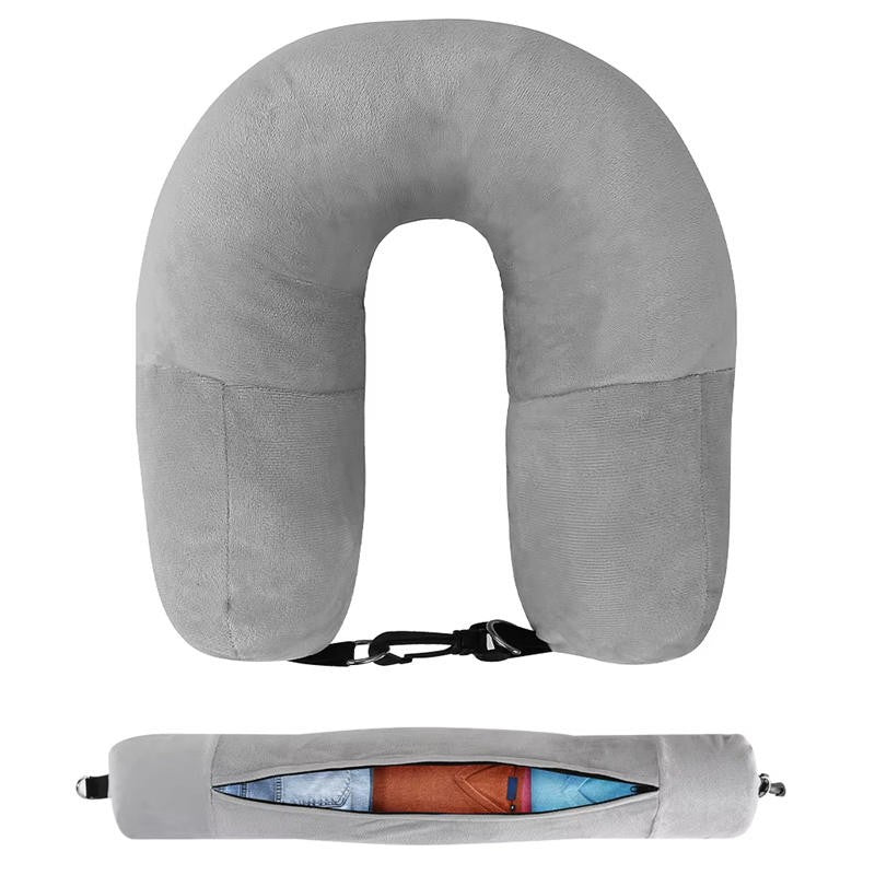 Portable Travel U-shaped Pillow Self-filling Carryable Clothing Luggage Pillowcase Solid Color Multifunctional Airplane Pillow