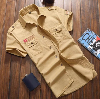 Summer Cotton Tactical Cargo Shirt Mens Multi Pocket Badge Embroidered Combats Tops Casual Breathable Tooling Chemise Homme