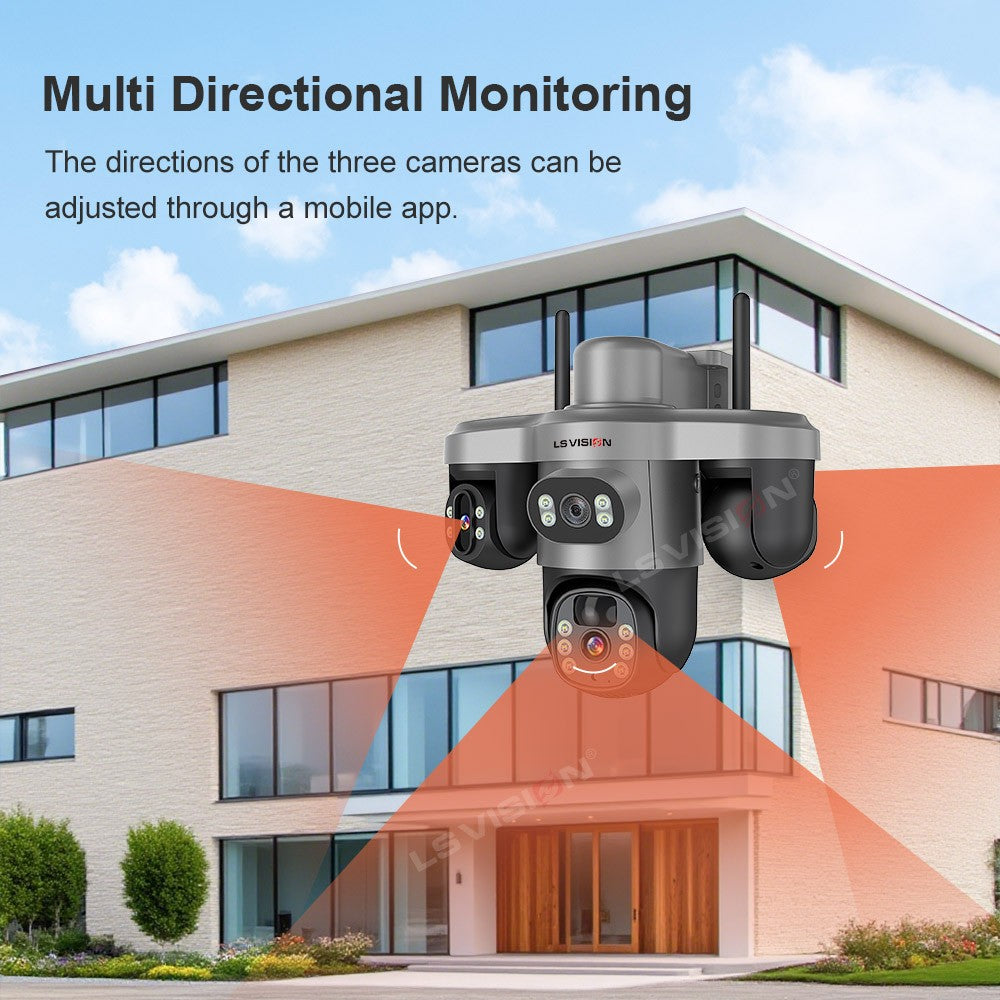 LS VISION Multiple Lens 3 Screen Wifi Outdoor Security Solar  Camera Panoramic Monitor Mobile   Siren Alarm Solar CCTV Camera
