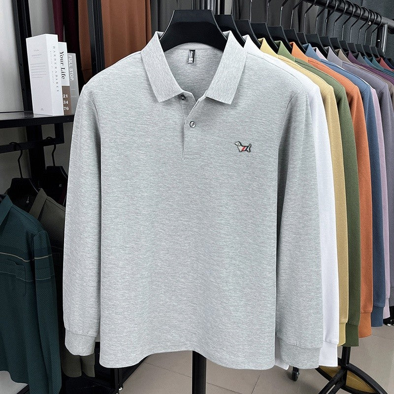 100% pure cotton spring and autumn fashionable men's collar striped long sleeved polo shirt with micro seal dog embossed design