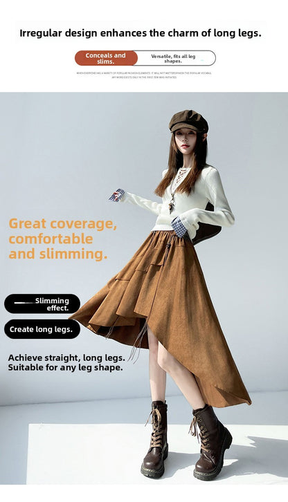 Caramel Suede Half-length Skirt Women's Autumn Winter New Irregular Belt Slim A- Line Midi Umbrella Skirt Comfortable Casual S .
