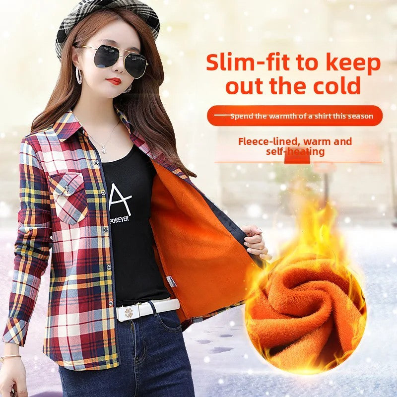 Women's Fleece Lined Long Sleeve Shirt Mid Length Thick Winter Warm Korean Style Elastic plus Size Plaid Patterned Button up