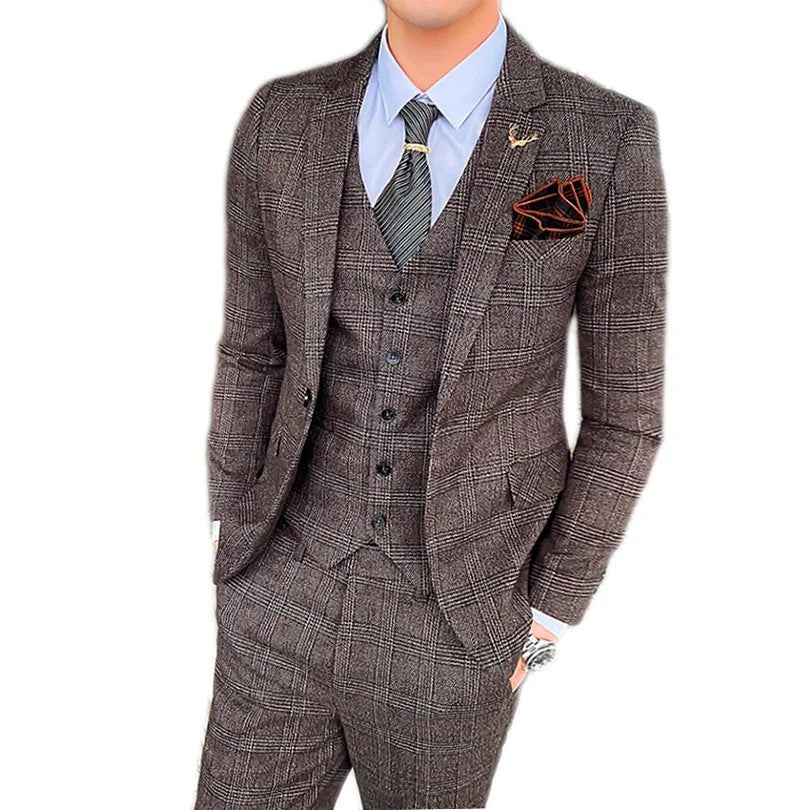 Dark Blue Men's Suit Three Piece, Business Casual Jacket and Vest with Trousers, Gray Dark Brown Slim Fit Sets, Asian Size
