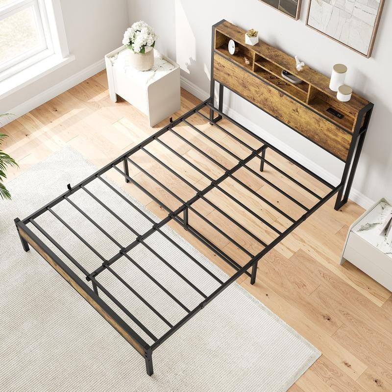 Full Size Bed Frame, Metal Platform Bed with Storage Headboard, Charging Station & Bookcase, No Box Spring Needed, Easy