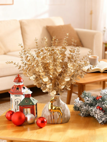 15pcs Artificial Eucalyptus Stems Gold Faux Eucalyptus Branch Wedding Bouquet DIY Decor Home Party Table Christmas Decorations