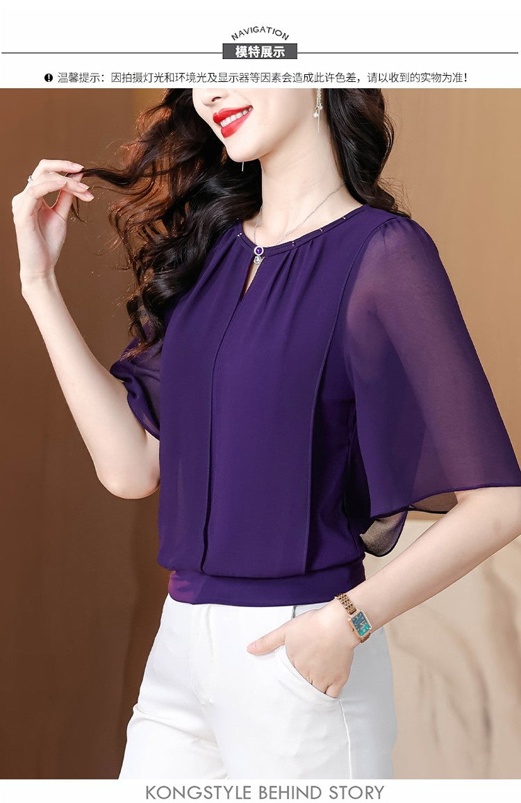 Summer Clothing Half Sleeve Chiffon Blouse 2025 New Fashion Loose Women Tops Solid Color Casual Pullovers Shirt