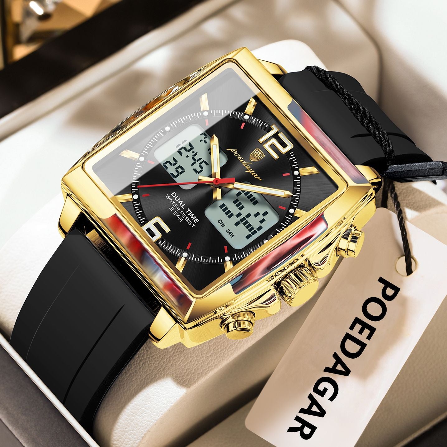 POEDAGAR Luxury Top Man Watch Electronic Square LED Alarm Chronograph Men's Watches Week Date Dual Time Display Men Quartz Clock