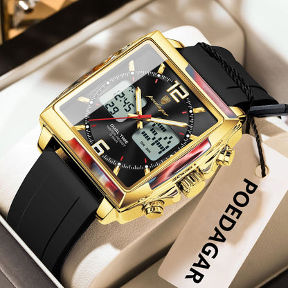 POEDAGAR Luxury Top Man Watch Electronic Square LED Alarm Chronograph Men's Watches Week Date Dual Time Display Men Quartz Clock