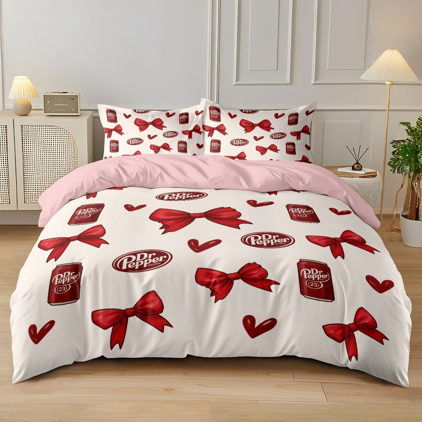 3pcs Pink Bow Printed Coreless Blanket Set, Multi Size Bedroom and Dormitory Bedding Decoration, Soft and Machine Washable