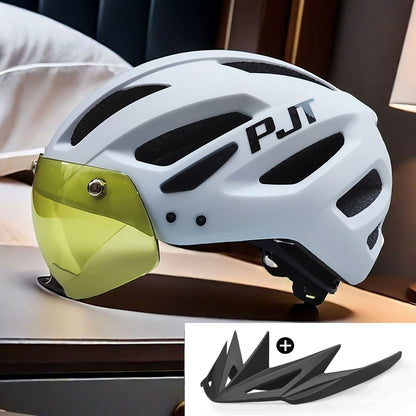 PJT Adult Bike Helmet With Rechargeable LED Rear Light Dual Mode Goggle Cycling Helmet MTB Lightweight Breathable Bicycle Helmet