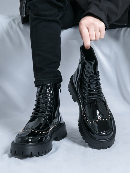 Fashion Rivet Designer Men Boots Motorcycle Pointed Toe Luxury Middle Ankle Short Leather Boots Men Punk Business Dress Shoes