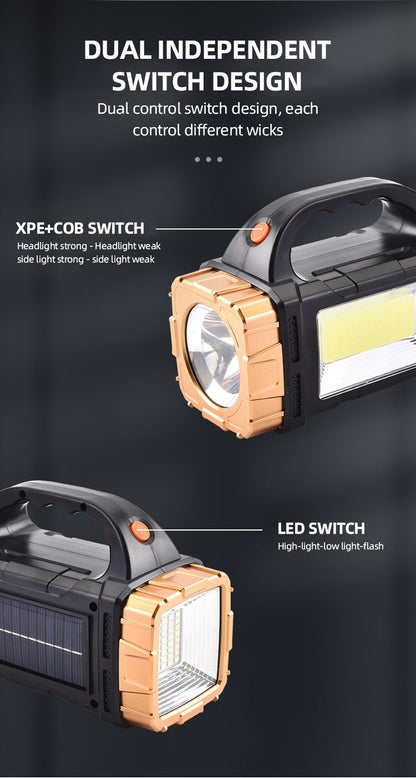 Portable Powerful Solar LED Flashlight With COB Work Lights USB Rechargeable Handheld 4 Lighting Modes Outdoor Solar Torch Light